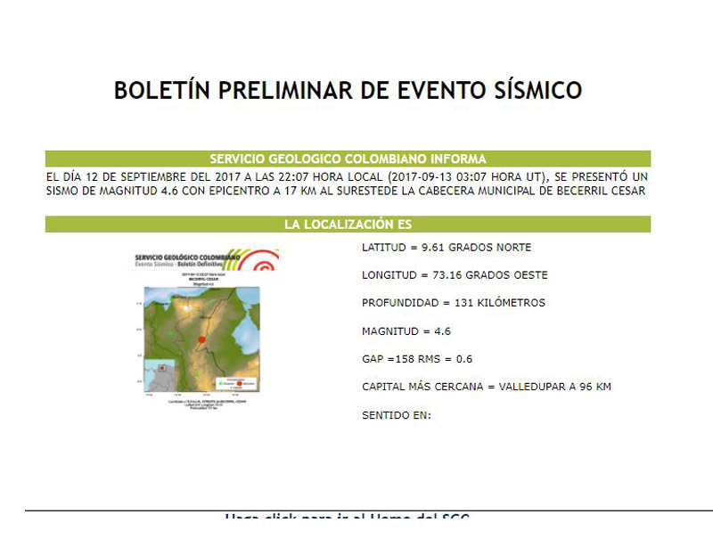 Temblor de 4.6 grados se registró en el departamento del Cesar